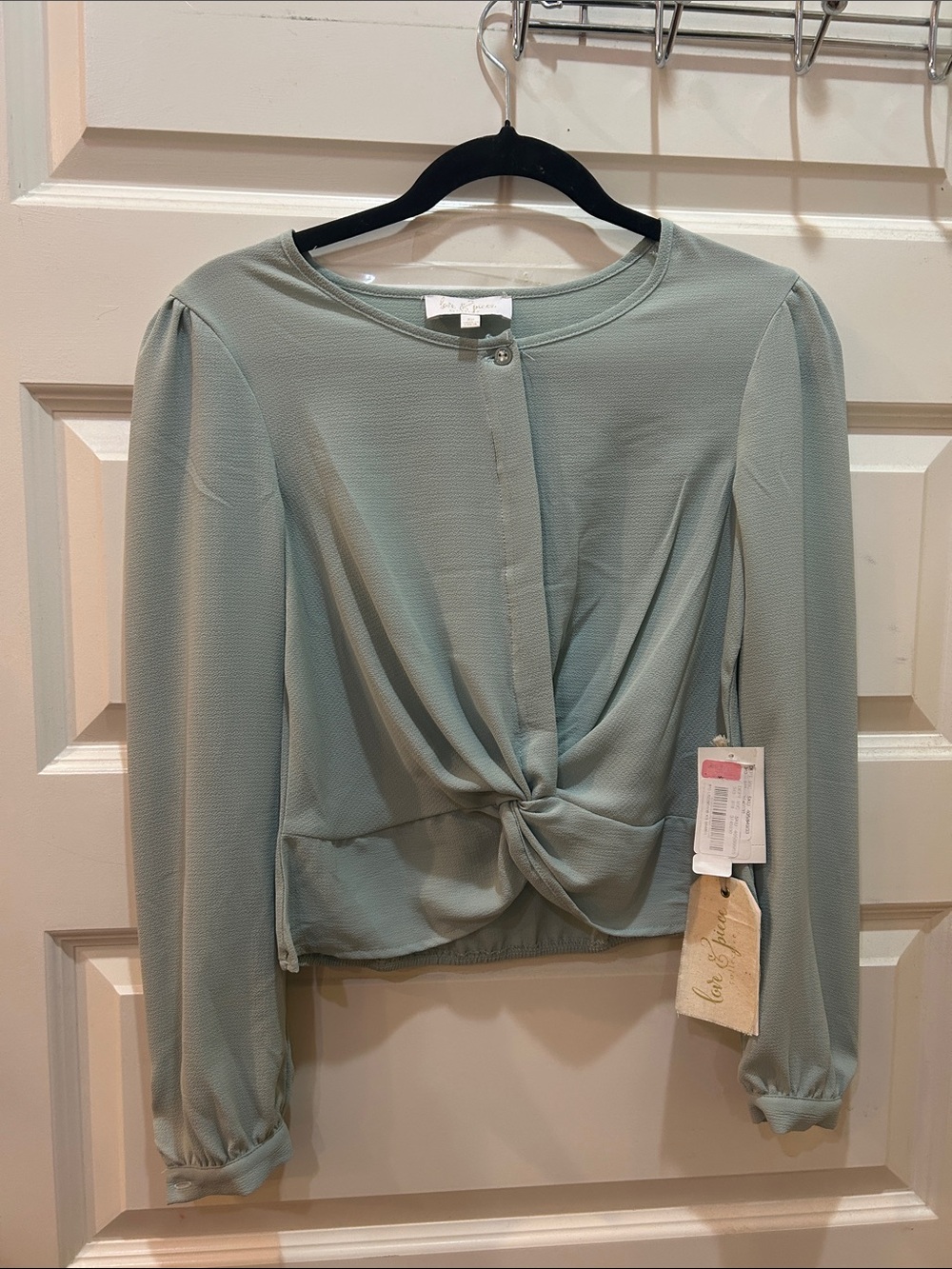 Twist-Front Long-Sleeve Blouse in Sage Green